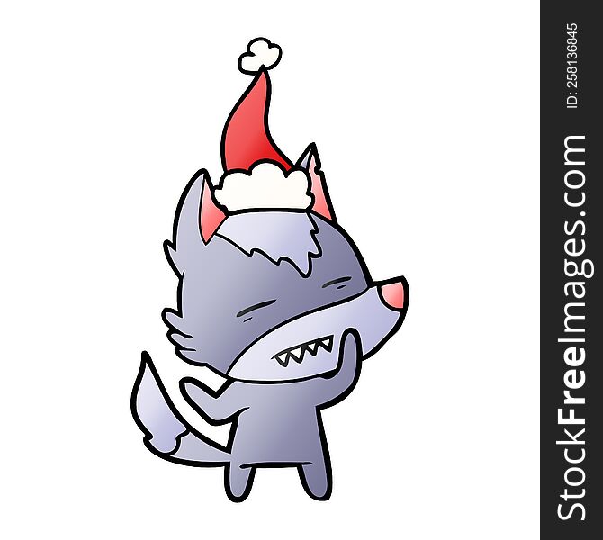 Gradient Cartoon Of A Wolf Showing Teeth Wearing Santa Hat