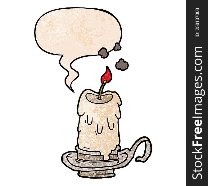 cartoon old spooky candle in candleholder and speech bubble in retro texture style