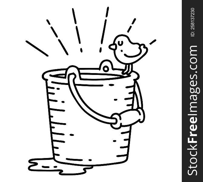 illustration of a traditional black line work tattoo style bird perched on bucket of water