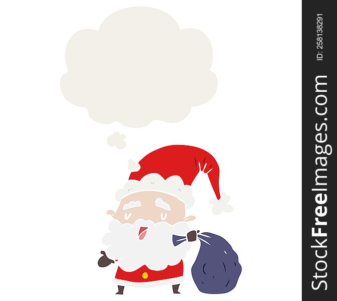 cartoon santa claus with sack and thought bubble in retro style