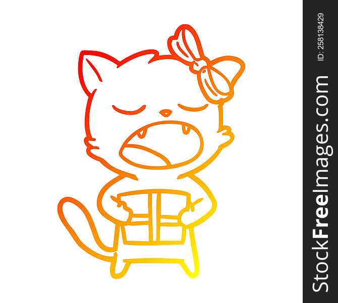 warm gradient line drawing of a cartoon cat with christmas present