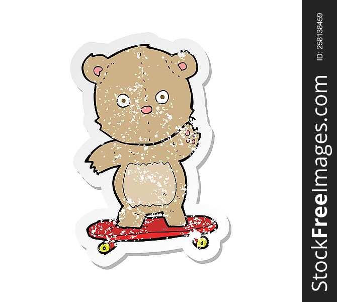 retro distressed sticker of a cartoon teddy bear on skateboard
