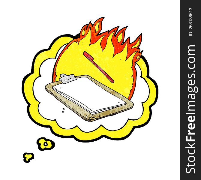 freehand drawn thought bubble textured cartoon clip board on fire
