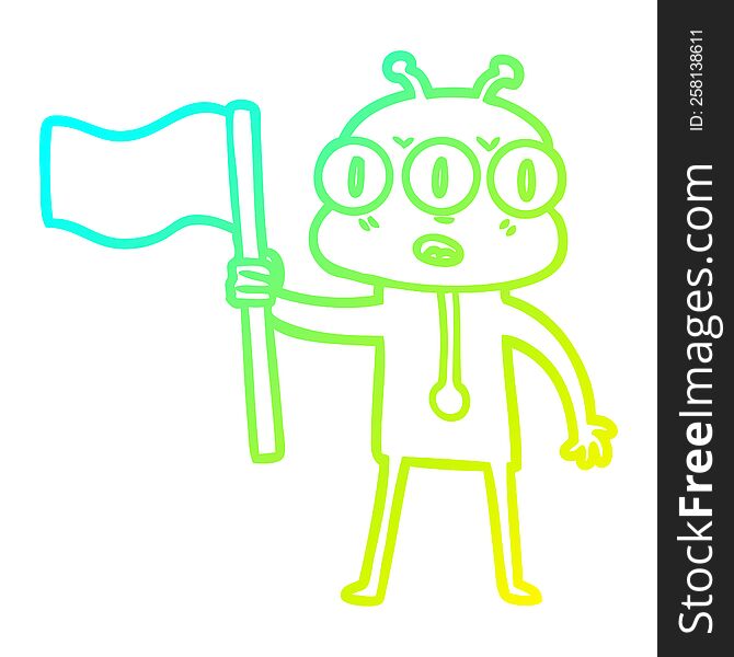 cold gradient line drawing of a cartoon three eyed alien waving flag
