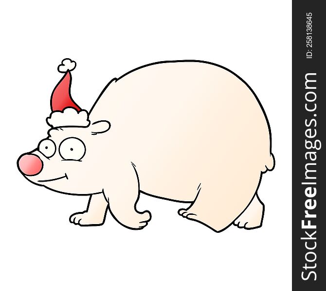 hand drawn gradient cartoon of a walking polar bear wearing santa hat