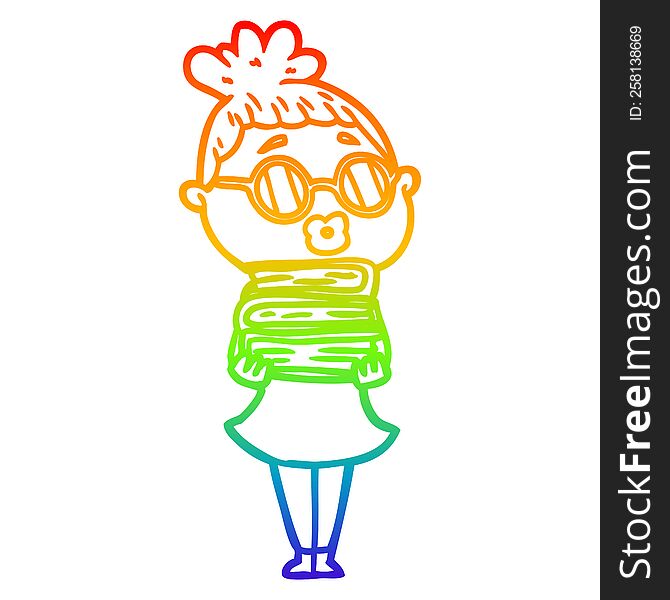 rainbow gradient line drawing of a cartoon librarian woman wearing spectacles