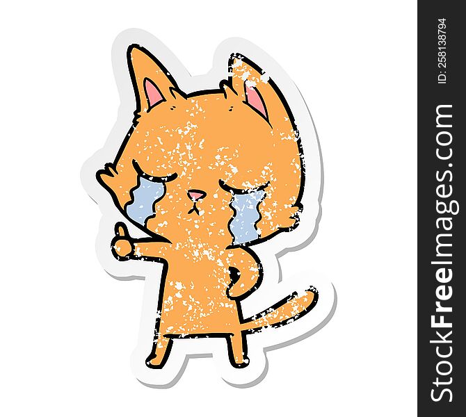 Distressed Sticker Of A Crying Cartoon Cat
