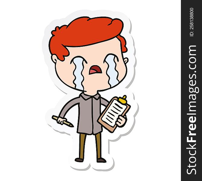 sticker of a cartoon salesman crying
