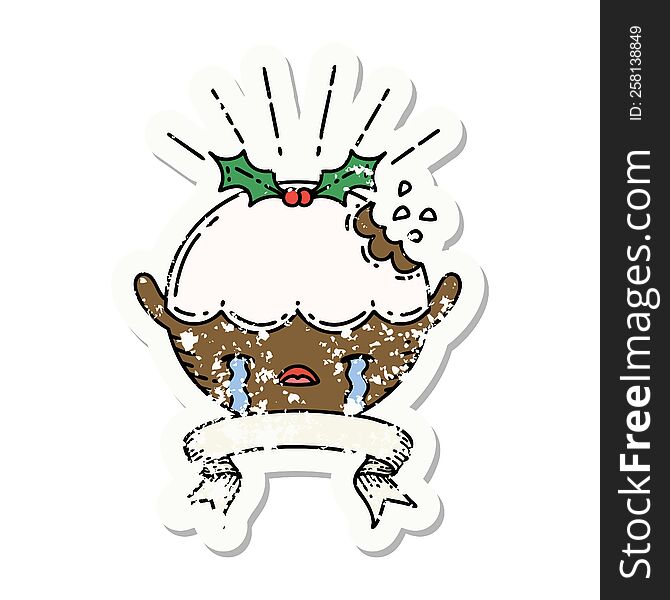 worn old sticker of a tattoo style christmas pudding character crying. worn old sticker of a tattoo style christmas pudding character crying