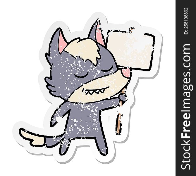 distressed sticker of a friendly cartoon wolf with blank sign