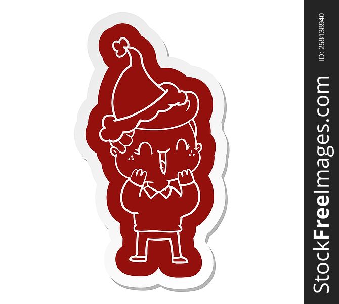 quirky cartoon  sticker of a laughing boy wearing santa hat