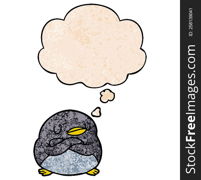 Cartoon Penguin And Thought Bubble In Grunge Texture Pattern Style