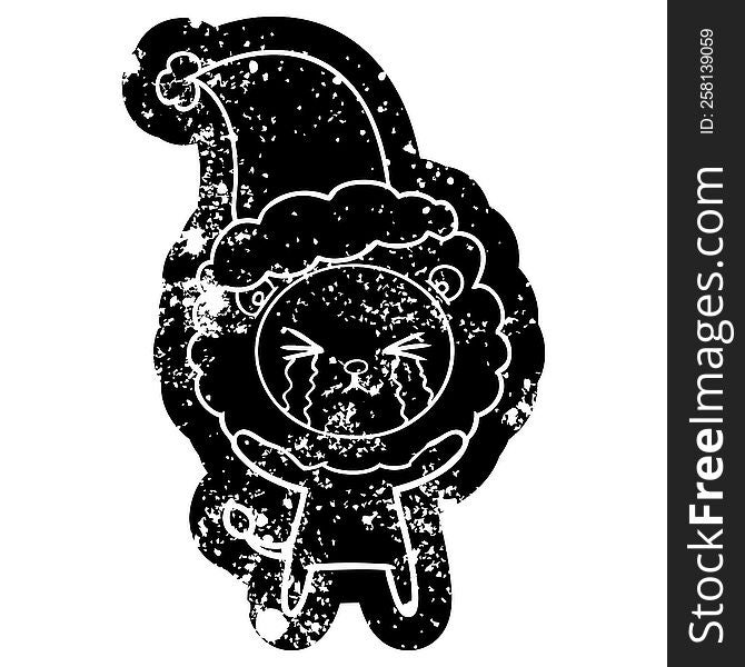 Cartoon Distressed Icon Of A Crying Lion Wearing Santa Hat