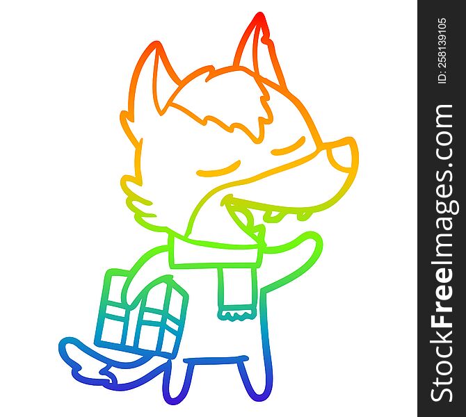 rainbow gradient line drawing of a cartoon wolf with christmas present laughing