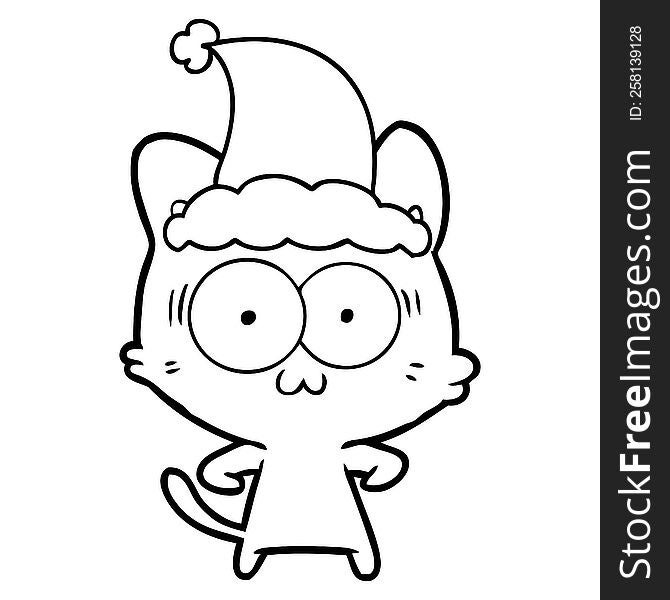 Line Drawing Of A Surprised Cat Wearing Santa Hat
