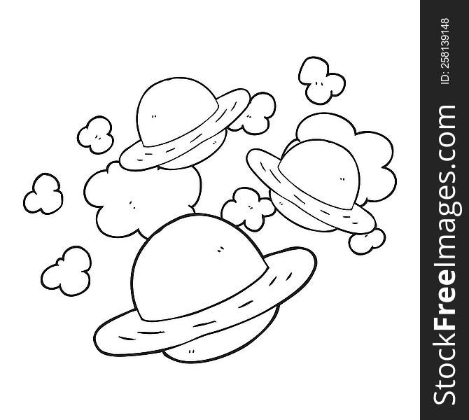 freehand drawn black and white cartoon planets