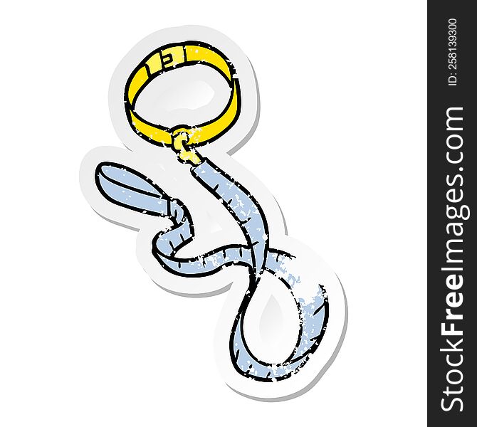 distressed sticker of a cartoon dog collar and leash