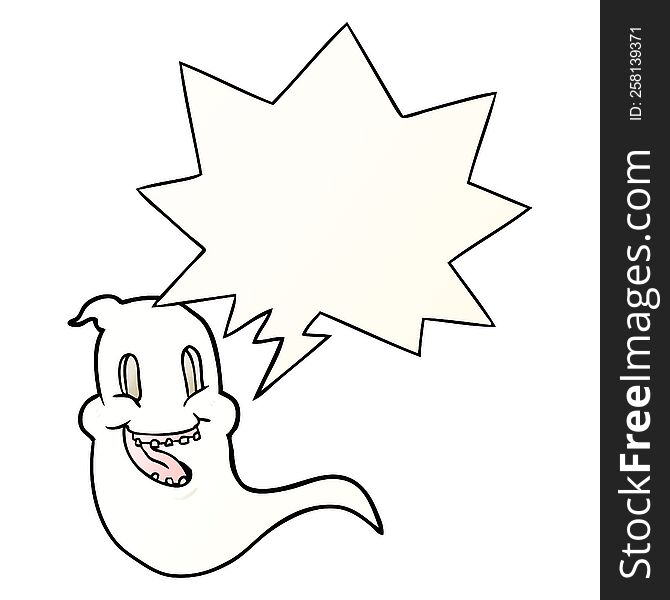 cartoon spooky ghost with speech bubble in smooth gradient style