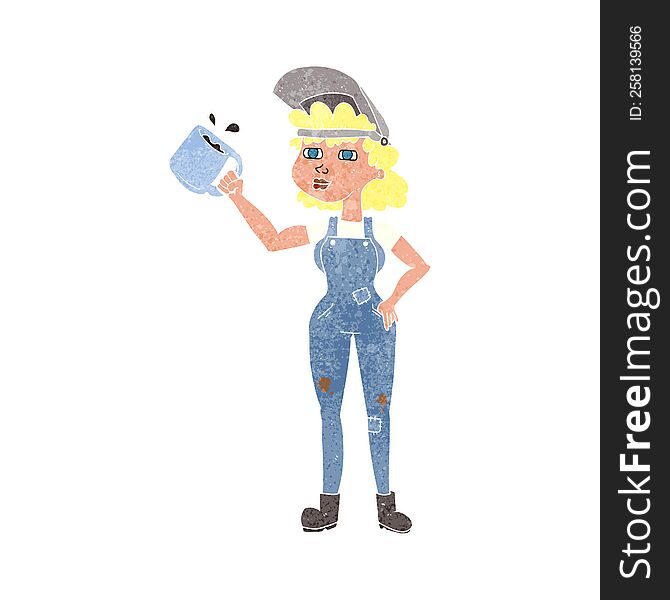 freehand retro cartoon woman in dungarees