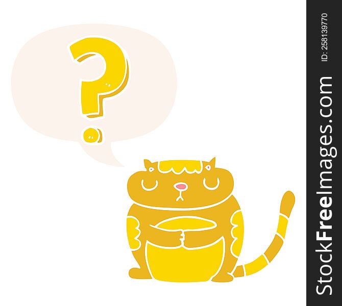 Cartoon Cat And Question Mark And Speech Bubble In Retro Style