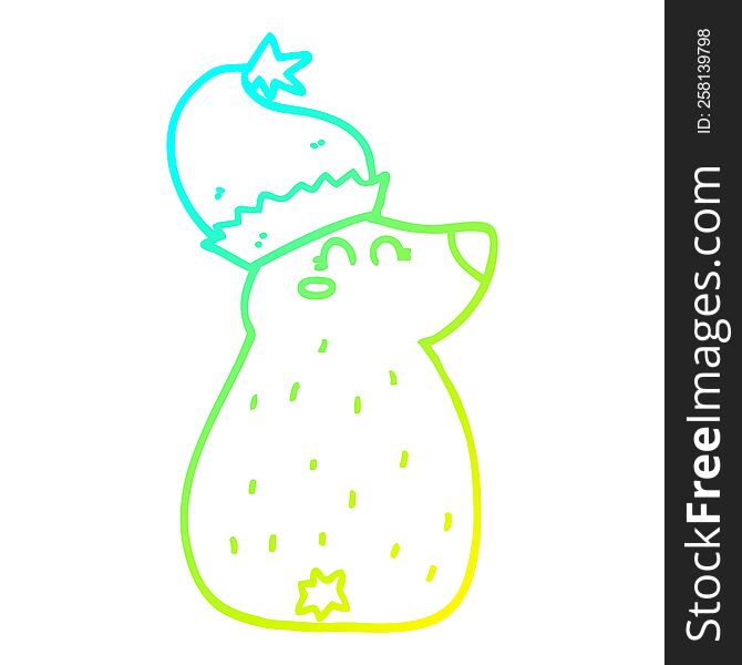 Cold Gradient Line Drawing Cartoon Bear Wearing Christmas Hat