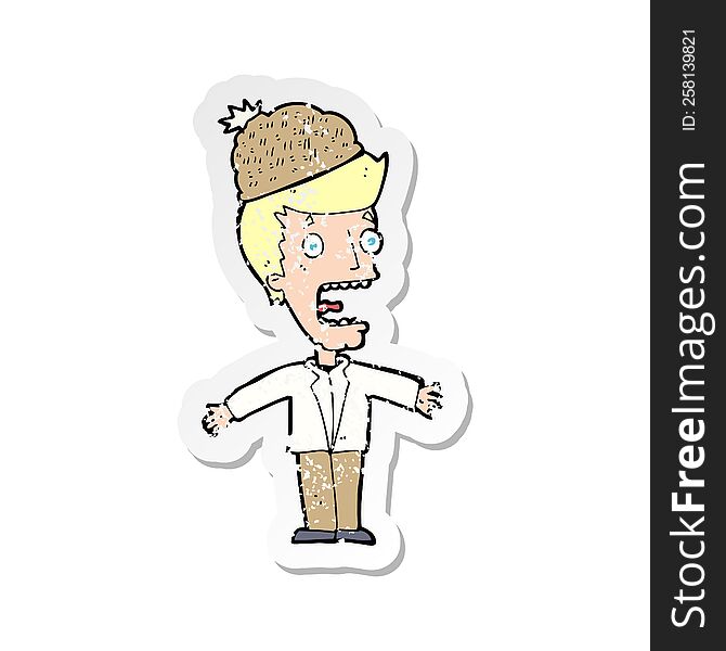 retro distressed sticker of a cartoon man wearing winter hat