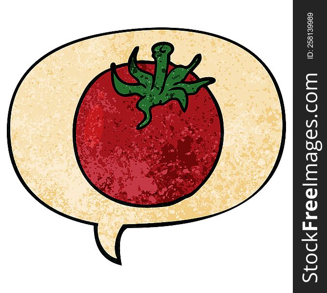 cartoon fresh tomato with speech bubble in retro texture style