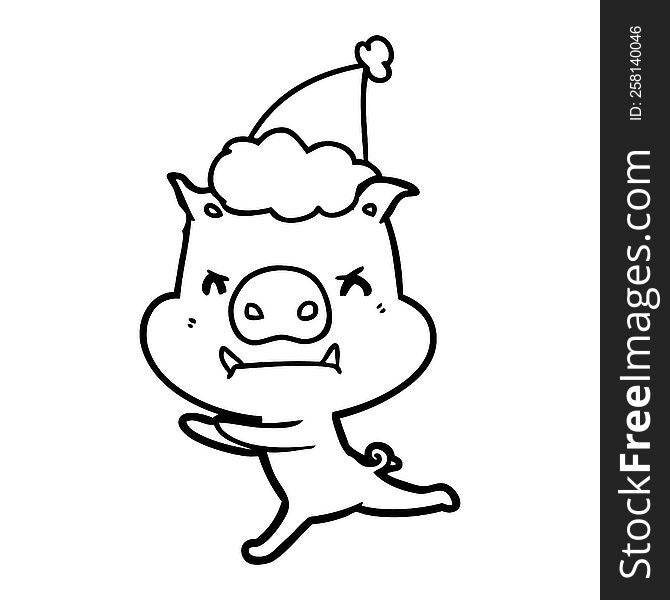 Angry Line Drawing Of A Pig Wearing Santa Hat