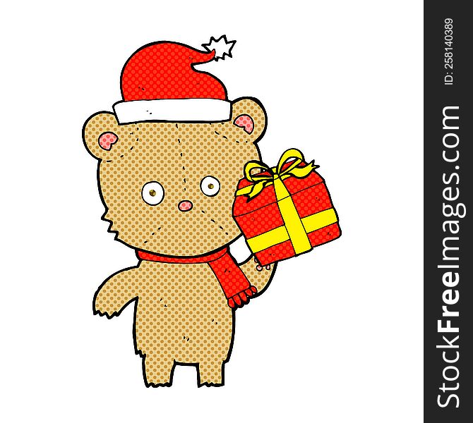 cartoon christmas teddy bear with present