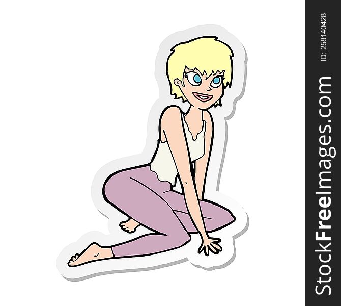 sticker of a cartoon happy woman sitting on floor