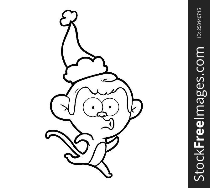 line drawing of a surprised monkey wearing santa hat