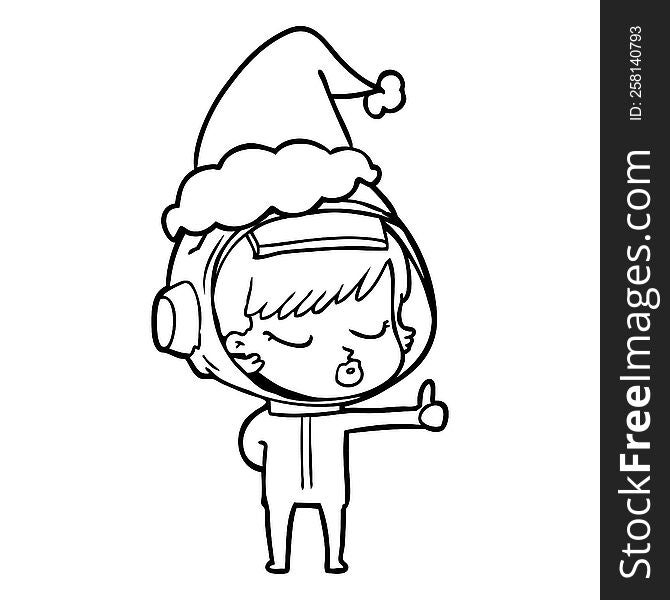 hand drawn line drawing of a pretty astronaut girl giving thumbs up wearing santa hat