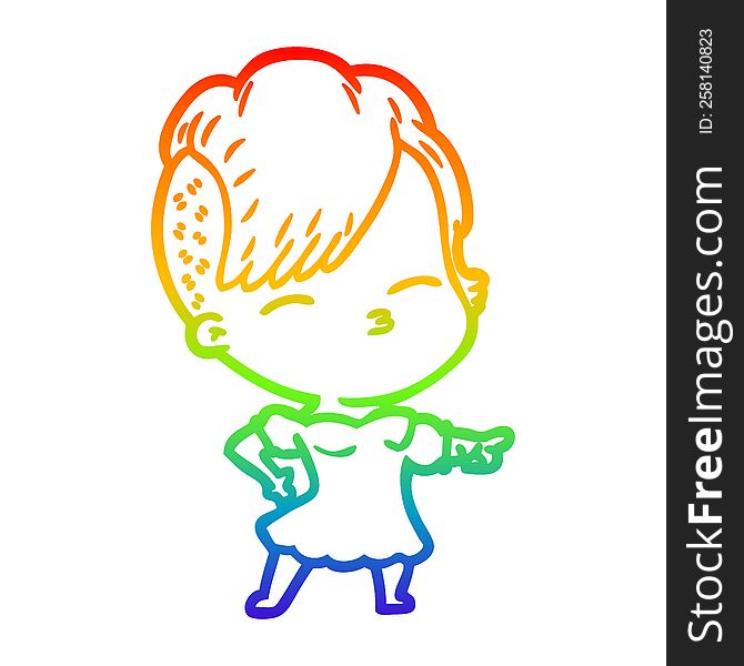 rainbow gradient line drawing of a cartoon squinting girl pointing