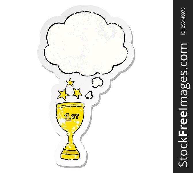 cartoon sports trophy with thought bubble as a distressed worn sticker