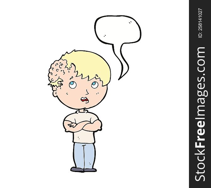 cartoon boy with growth on head with speech bubble