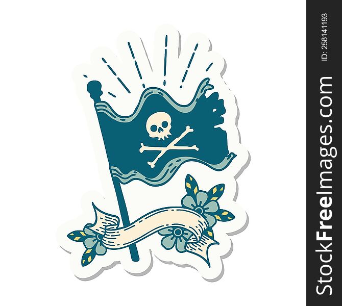 sticker of tattoo style waving pirate flag