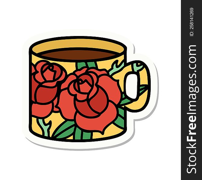 sticker of tattoo in traditional style of a cup and flowers. sticker of tattoo in traditional style of a cup and flowers
