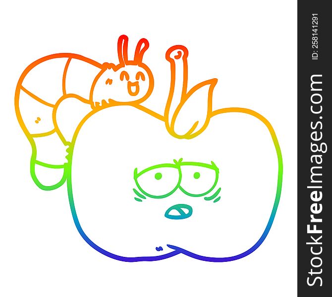 rainbow gradient line drawing of a cartoon apple and bug
