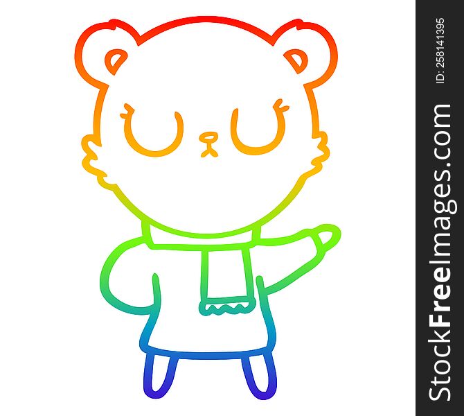 rainbow gradient line drawing of a peaceful cartoon bear wearing scarf