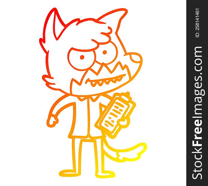 Warm Gradient Line Drawing Cartoon Grinning Fox With Clipboard