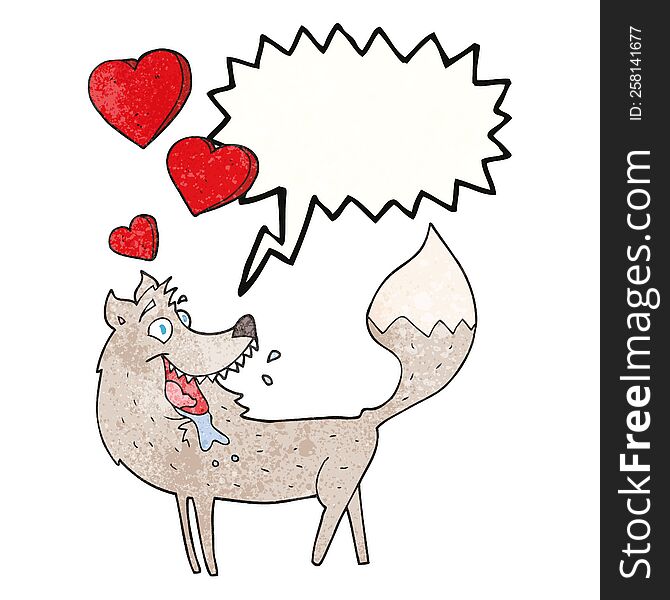 freehand speech bubble textured cartoon wolf in love