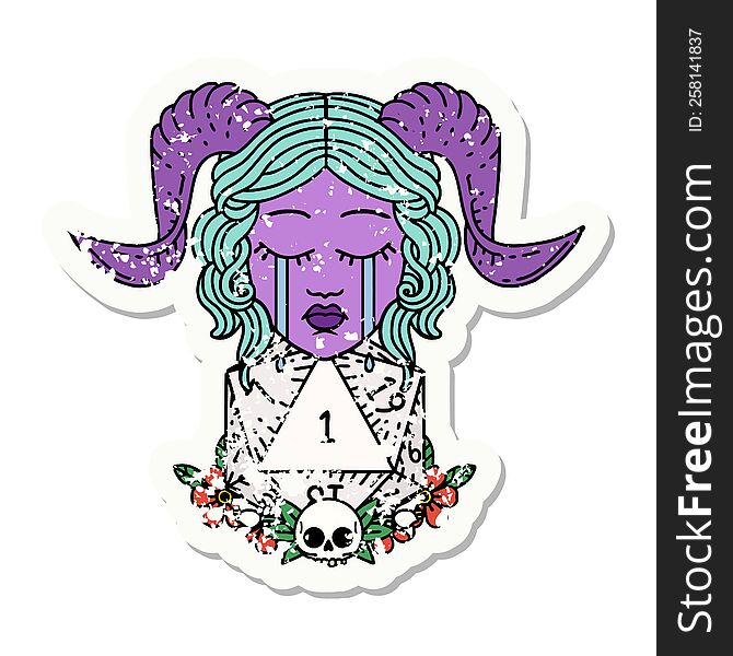 grunge sticker of a crying tiefling with natural one D20 dice roll. grunge sticker of a crying tiefling with natural one D20 dice roll