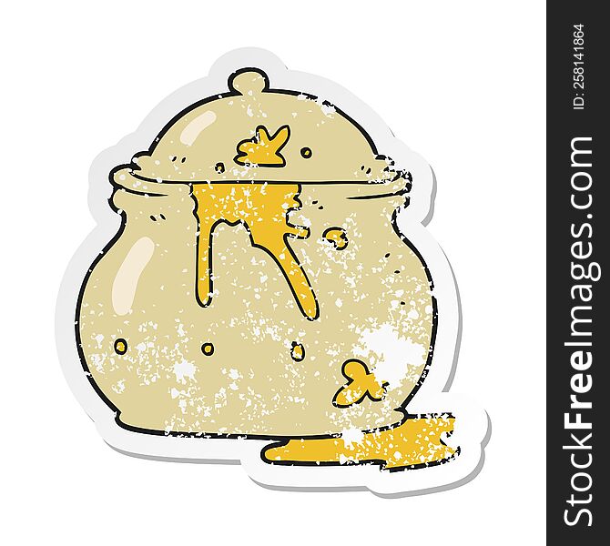 retro distressed sticker of a cartoon messy mustard pot