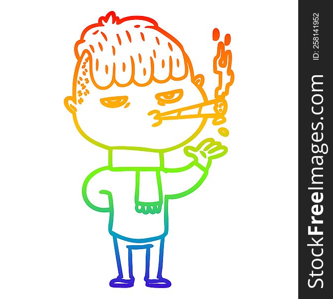 Rainbow Gradient Line Drawing Cartoon Man Smoking