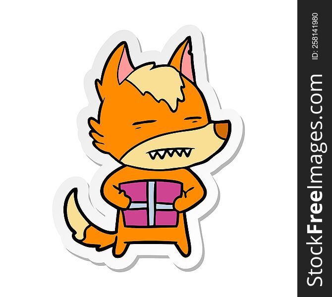 distressed sticker of a cartoon fox with present