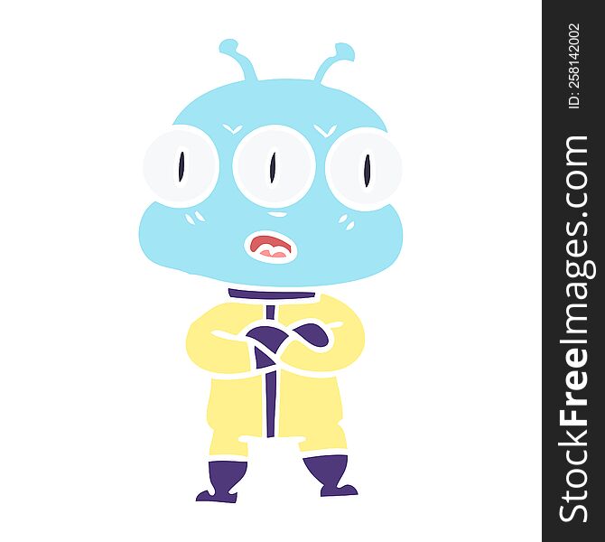 Flat Color Style Cartoon Three Eyed Alien