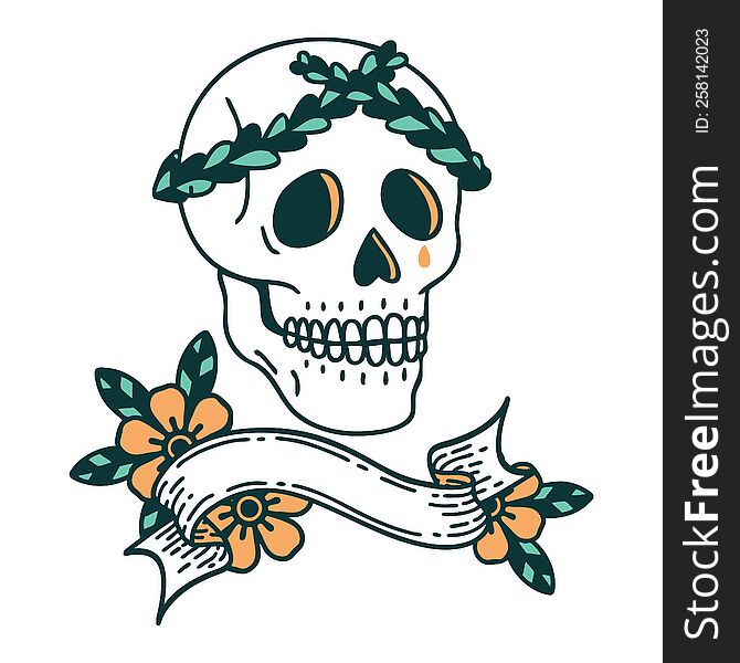 tattoo with banner of a skull with laurel wreath crown