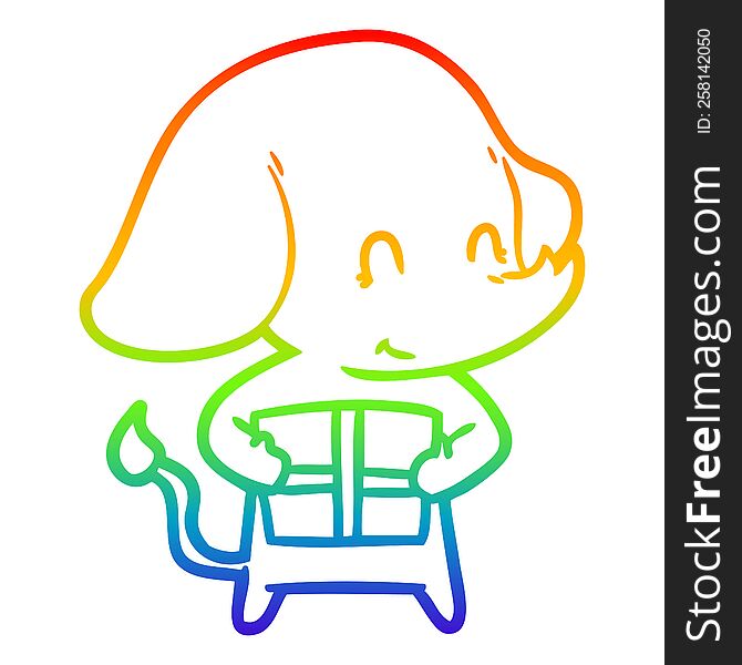 rainbow gradient line drawing of a cute cartoon elephant with present