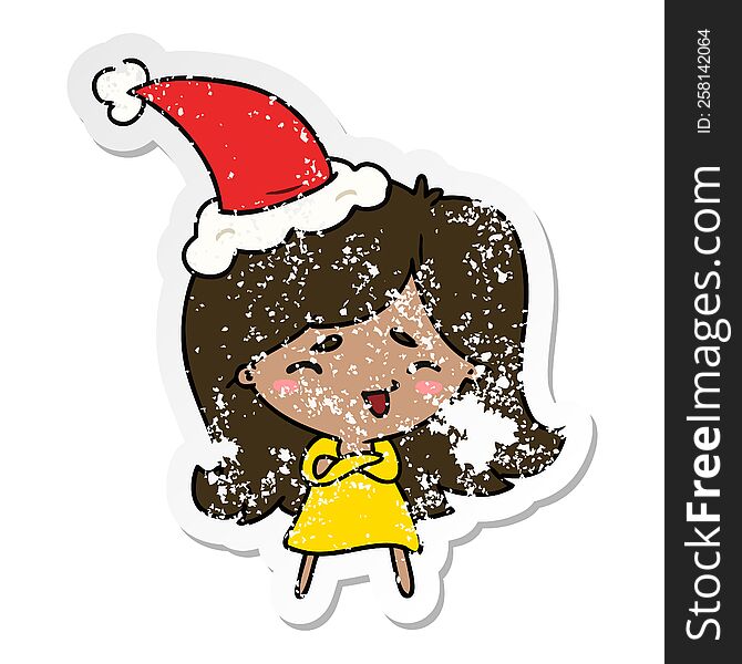 hand drawn christmas distressed sticker cartoon of kawaii girl