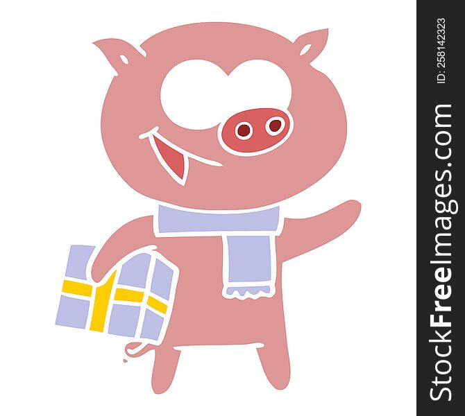 cheerful pig with christmas gift